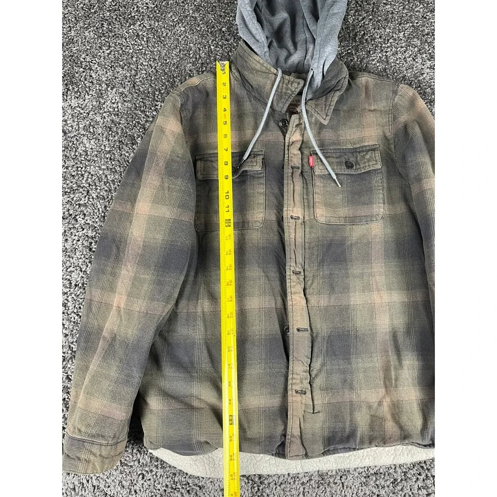 Levis Mens Plaid Hooded Flannel Sherpa Lined Shirt Jacket Brown Olive Size M - Picture 6 of 10